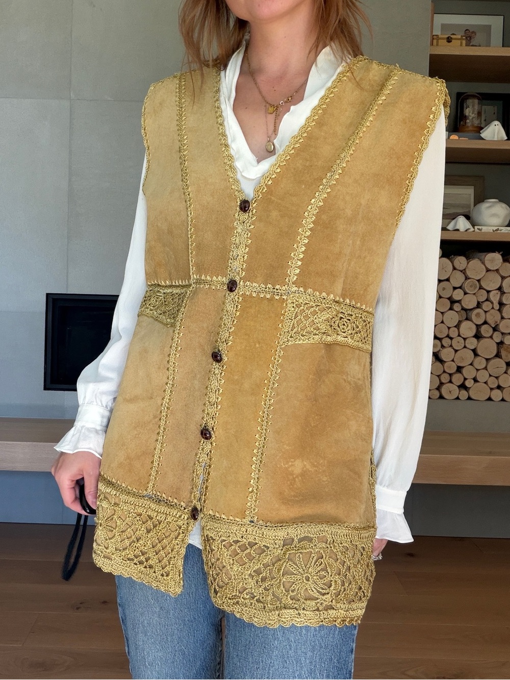 Vintage real Suede Crochet Trim Sleeveless Vest large boho Fairycore